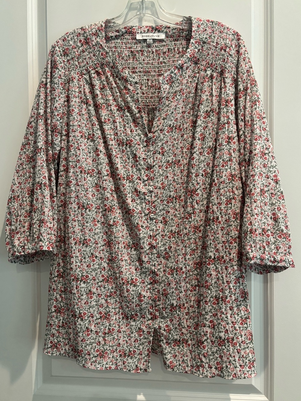 Rose + Olive Floral Smocked Peasant Blouse 1X Cottagecore Boho Top Pink